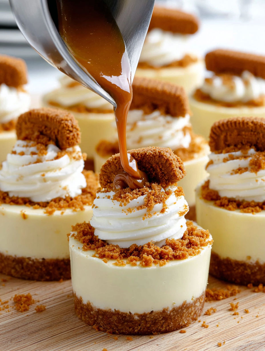 Mini Biscoff Cheesecake Cups with caramel drizzle.
