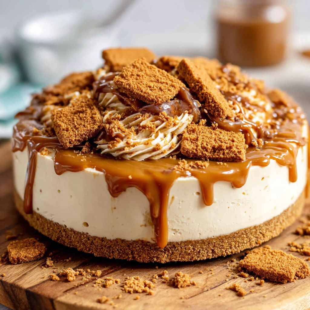 A slice of Biscoff cheesecake on a wooden cutting board.