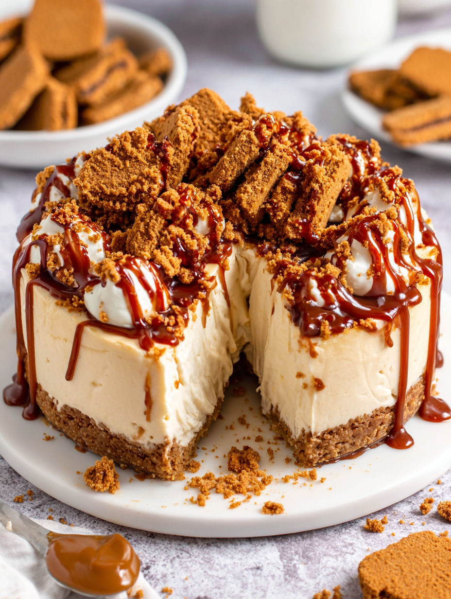 A slice of Biscoff cheesecake on a plate.