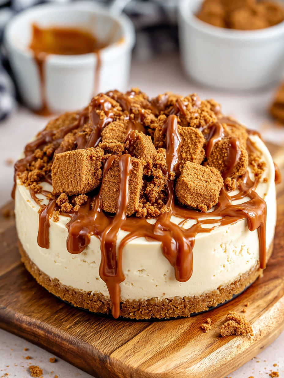 A slice of Biscoff cheesecake with caramel drizzle.
