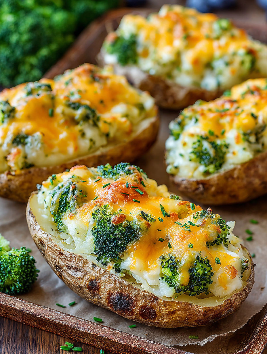 A plate of baked potatoes with broccoli toppings.