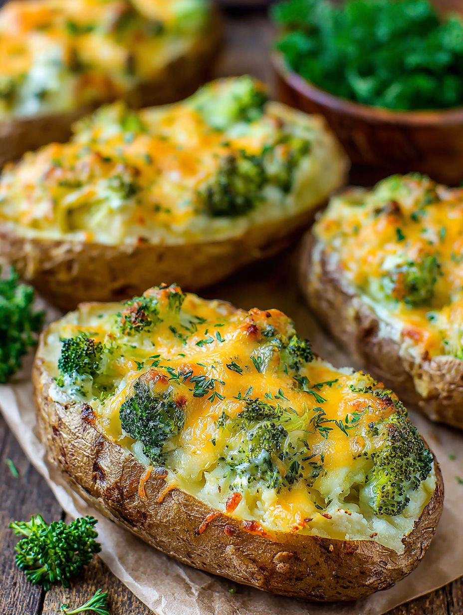 A dish of broccoli cheddar twice-baked potatoes.