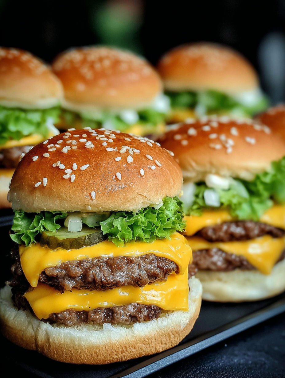 Four miniature cheeseburgers with lettuce and onions.