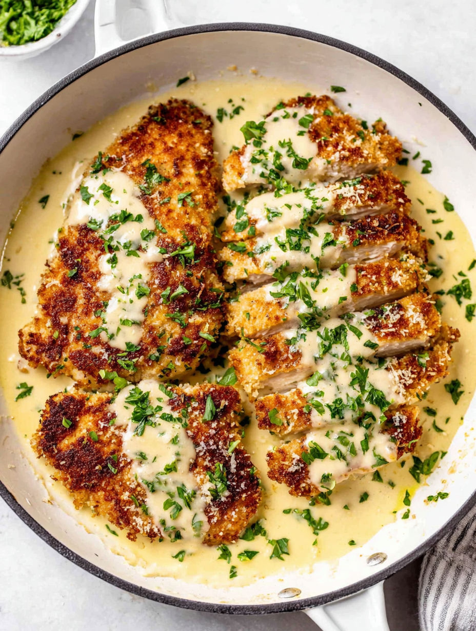 A plate of Parmesan crusted chicken with lemon sauce.