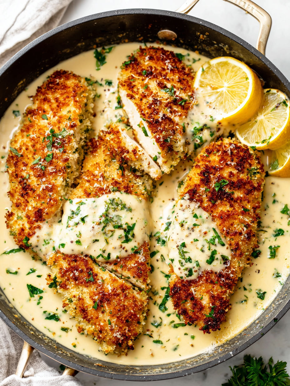A pan of Parmesan crusted chicken with lemon wedges on top.