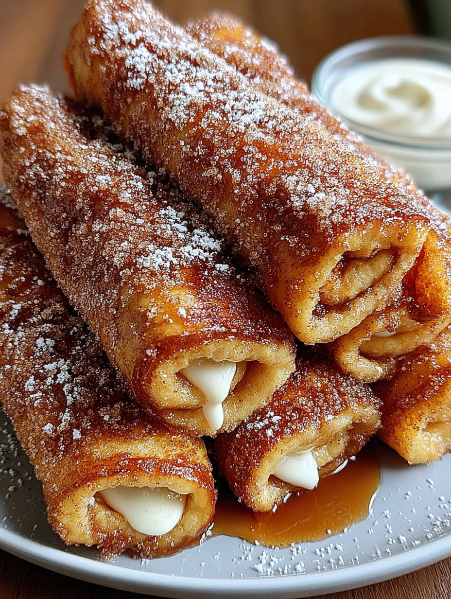 A plate of cinnamon french toast roll-ups.