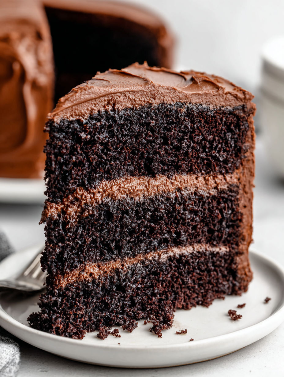 A slice of moist rich chocolate cake.