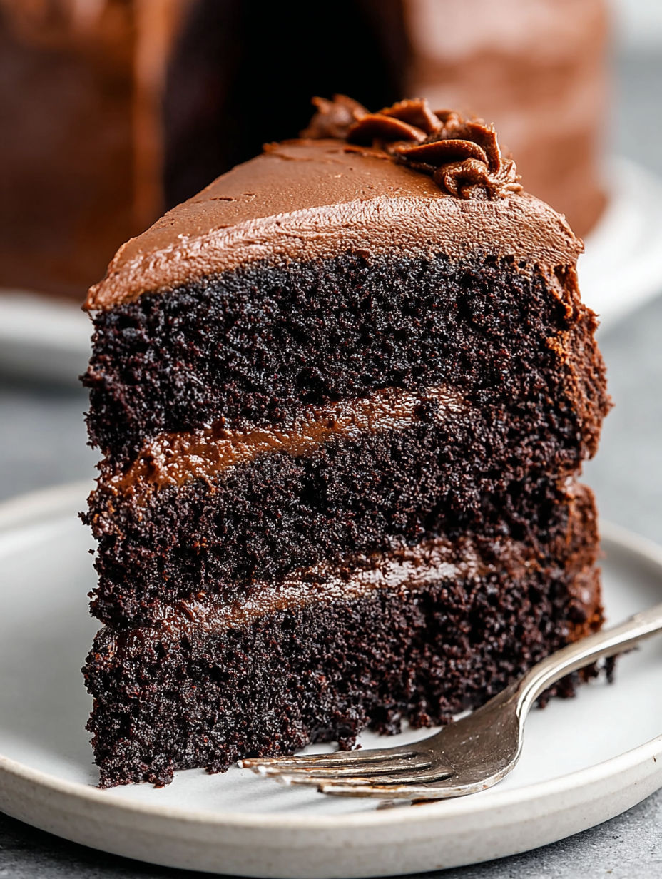 A slice of moist rich chocolate cake.