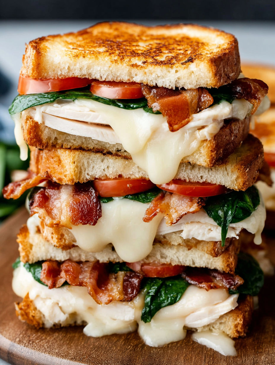 A stack of sandwiches with bacon and tomato.