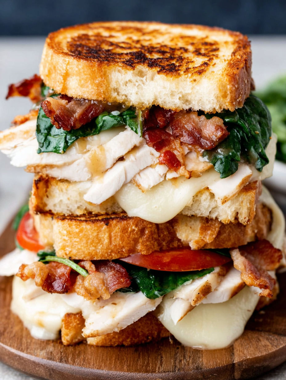 A stack of turkey melt sandwiches with bacon.