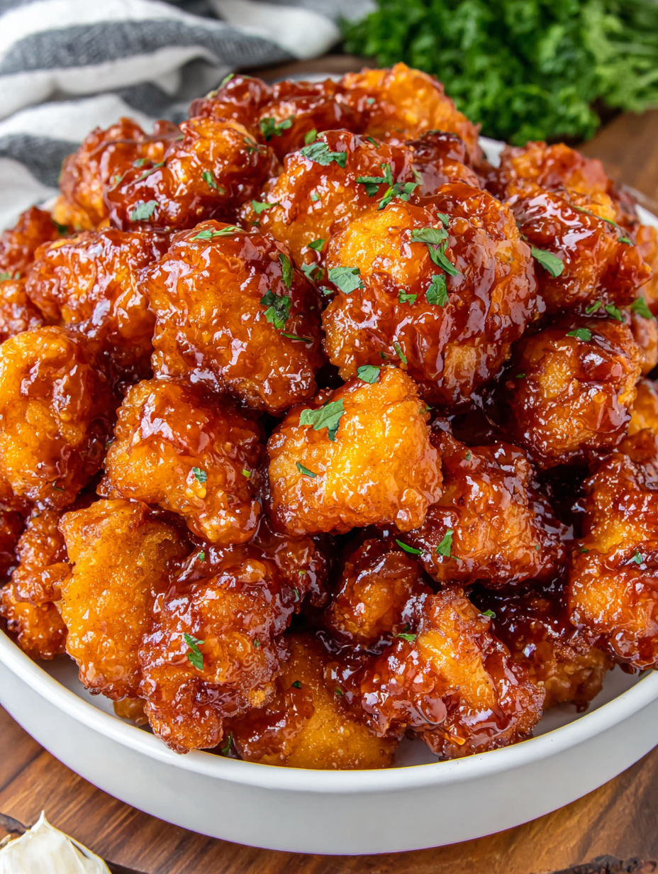A bowl of orange chicken with sauce.