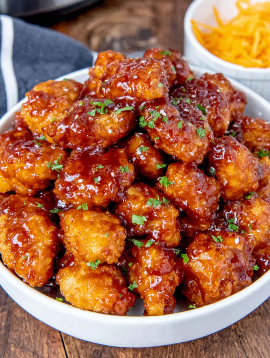 A bowl of orange chicken with sauce.