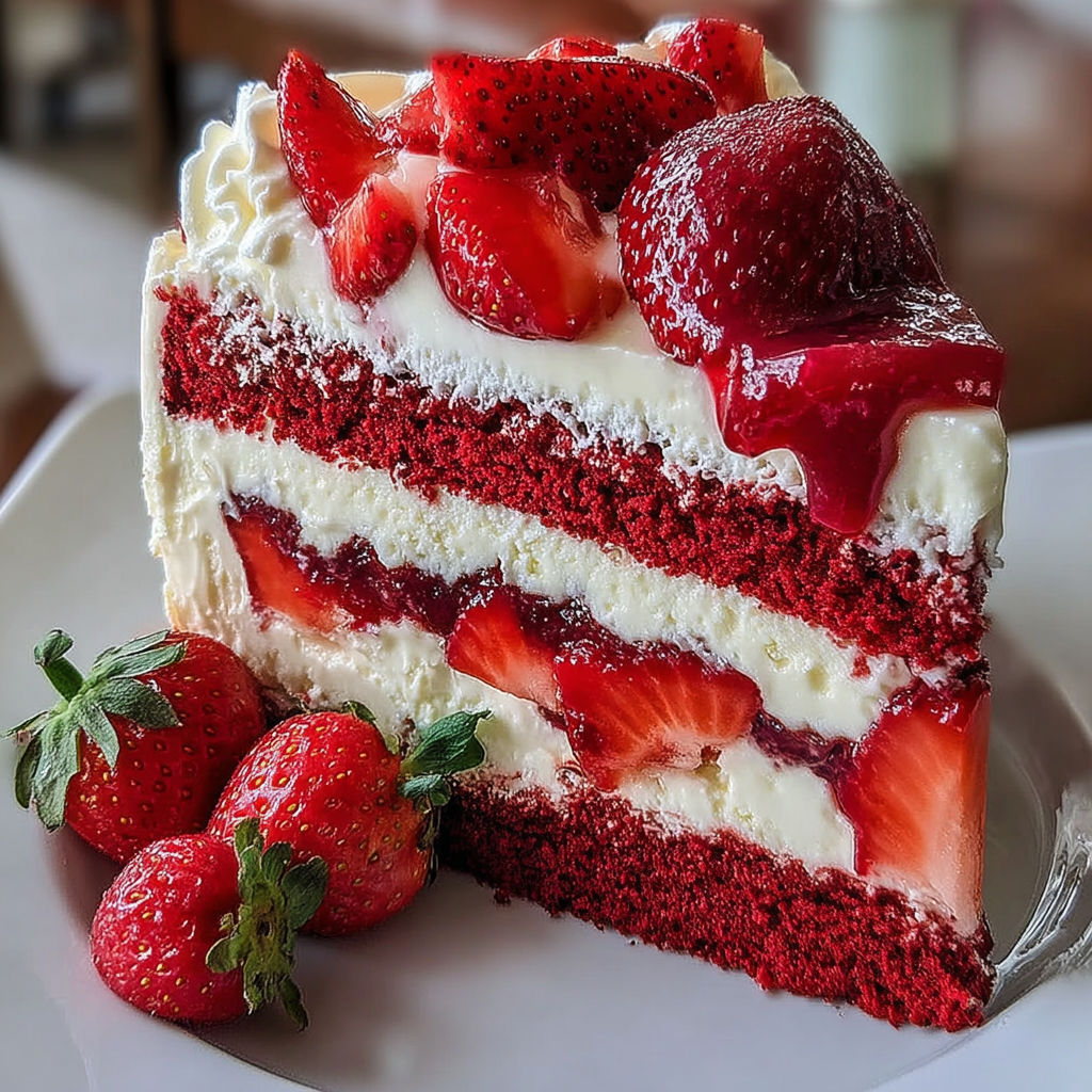 A slice of red velvet strawberry cheesecake.