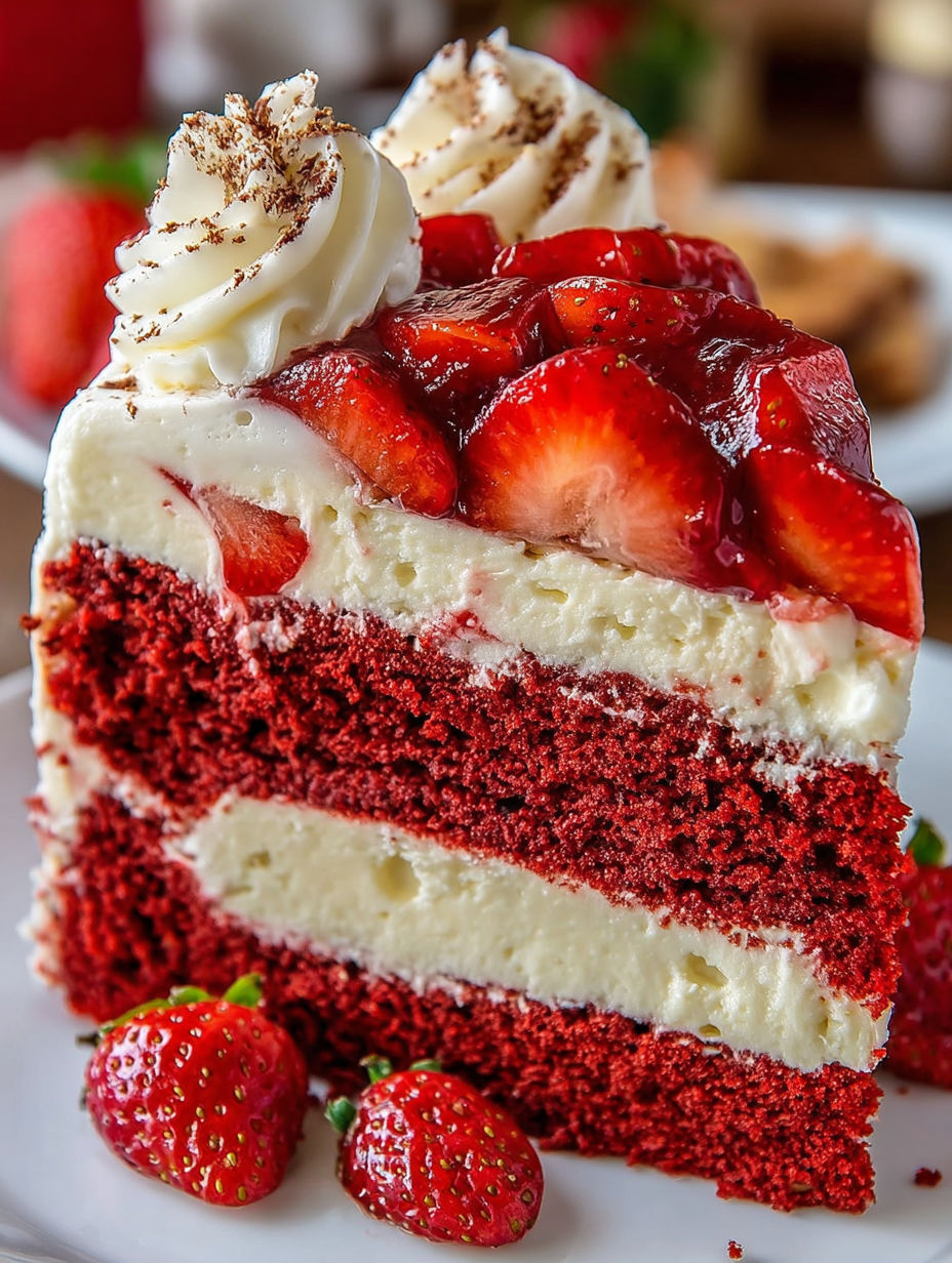 A slice of red velvet strawberry cheesecake.