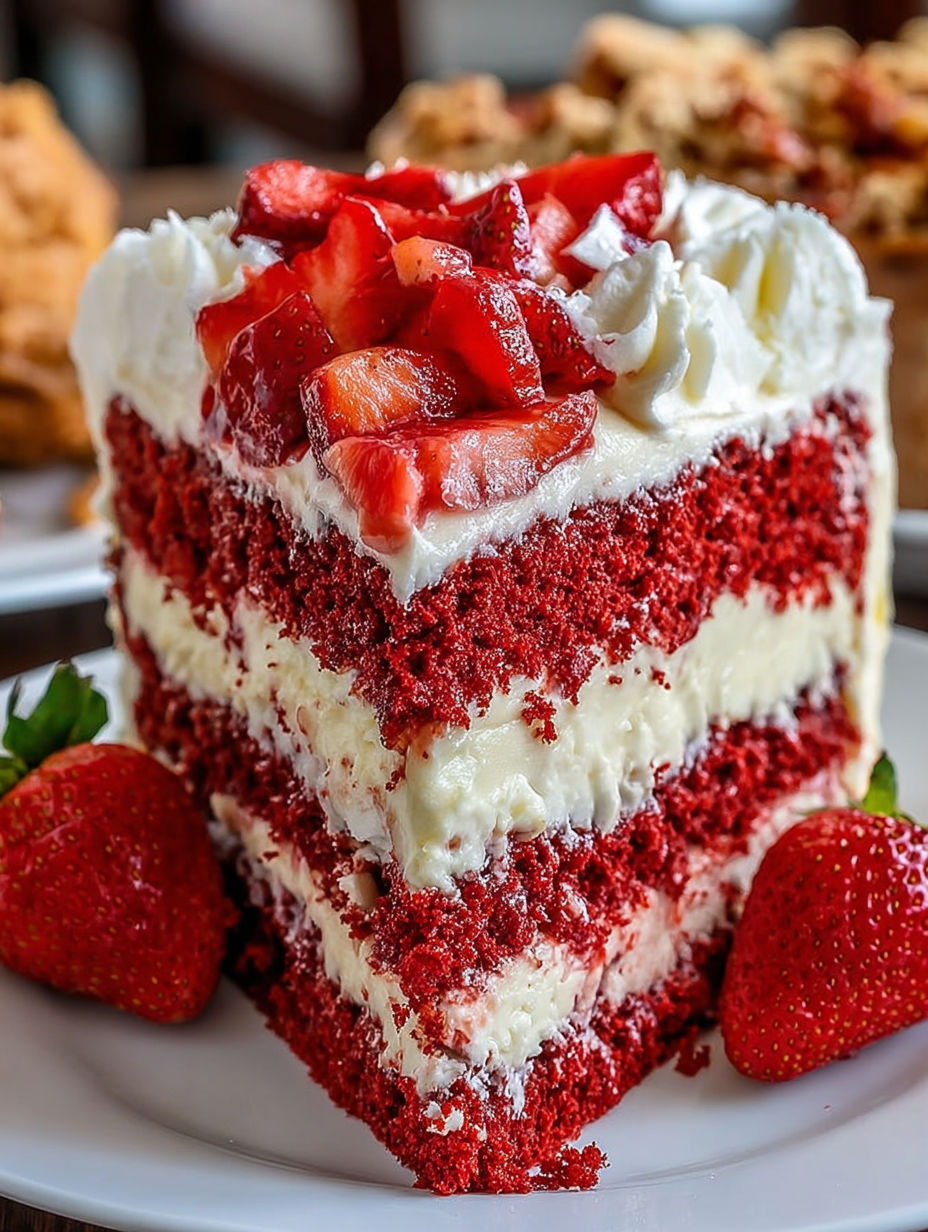 A slice of red velvet strawberry cheesecake.