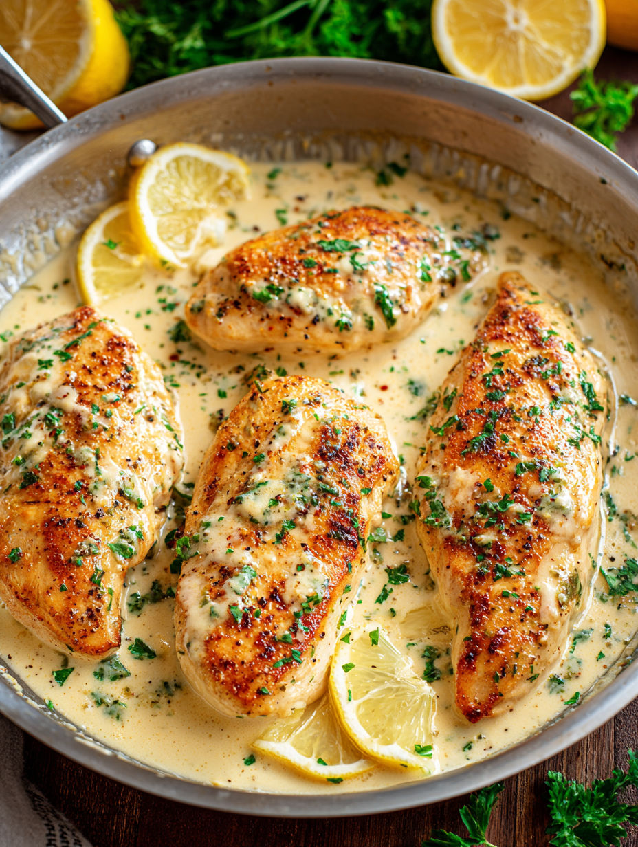 A skillet of chicken with garlic and Parmesan.