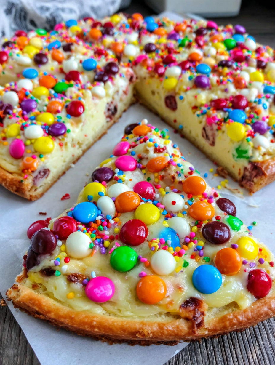 A slice of white chocolate brownie pizza.