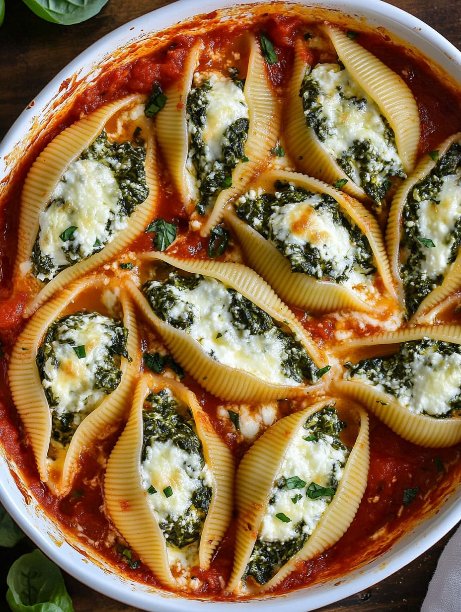 A dish of spinach and ricotta stuffed shells.