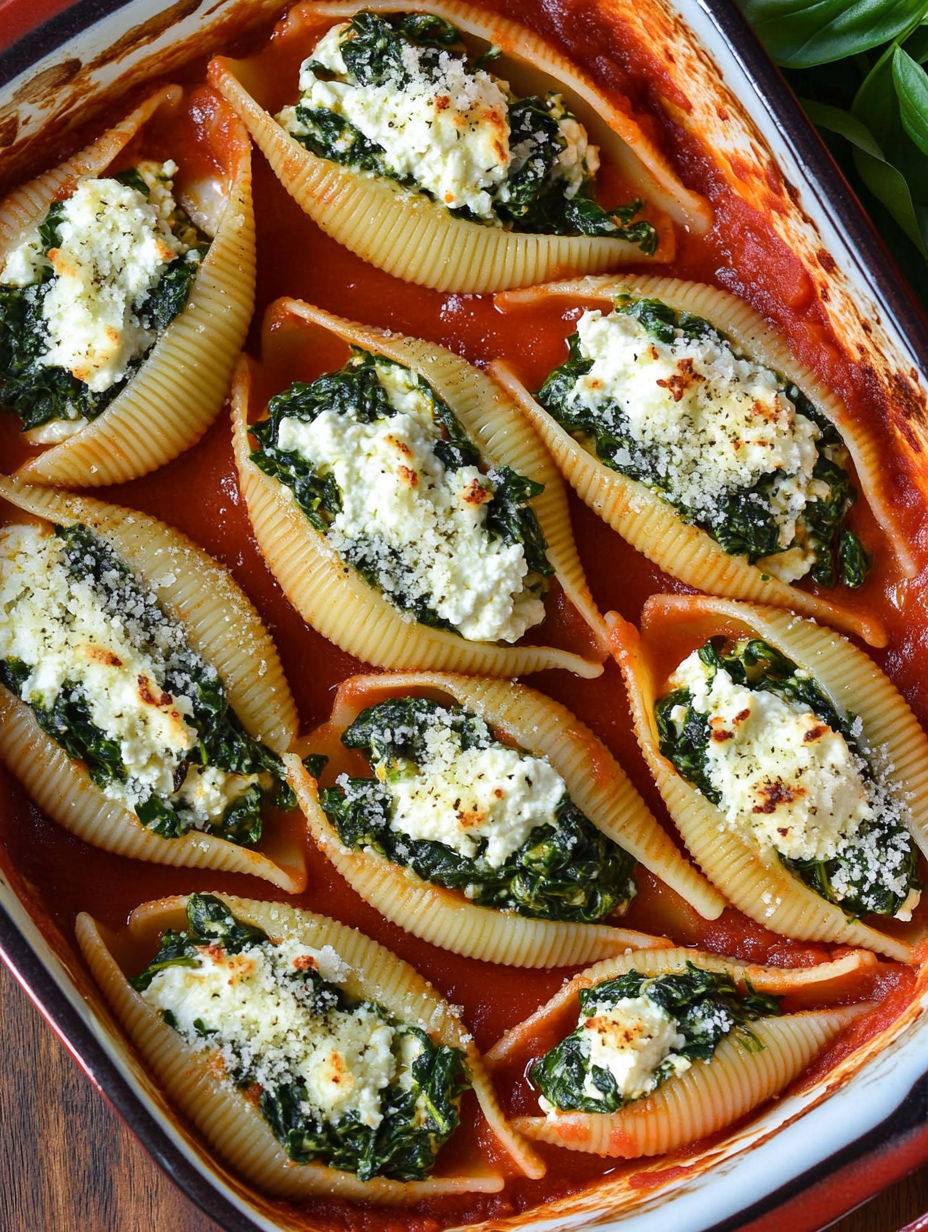 A dish of spinach and ricotta stuffed shells.