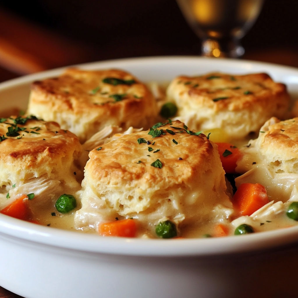 A bowl of food with biscuits and chicken.