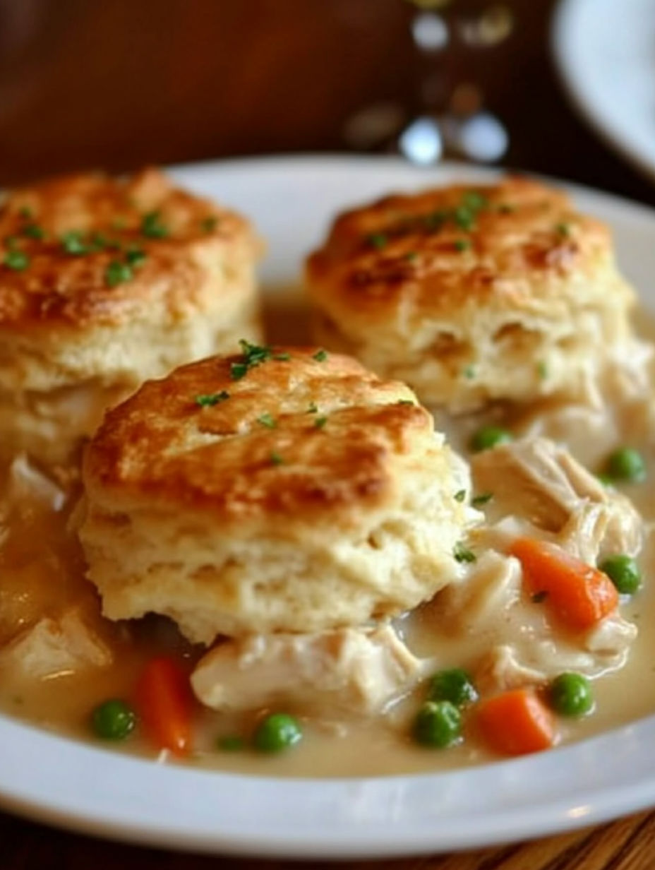 A plate of biscuits and chicken pot pie.