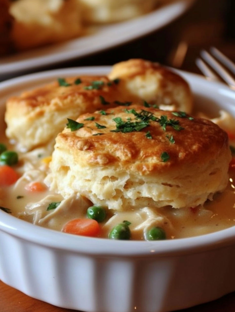 A bowl of chicken pot pie with biscuits on top.