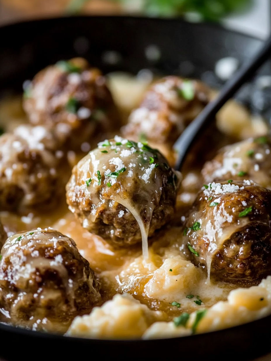 A close up of a delicious cheesy French onion meatballs.
