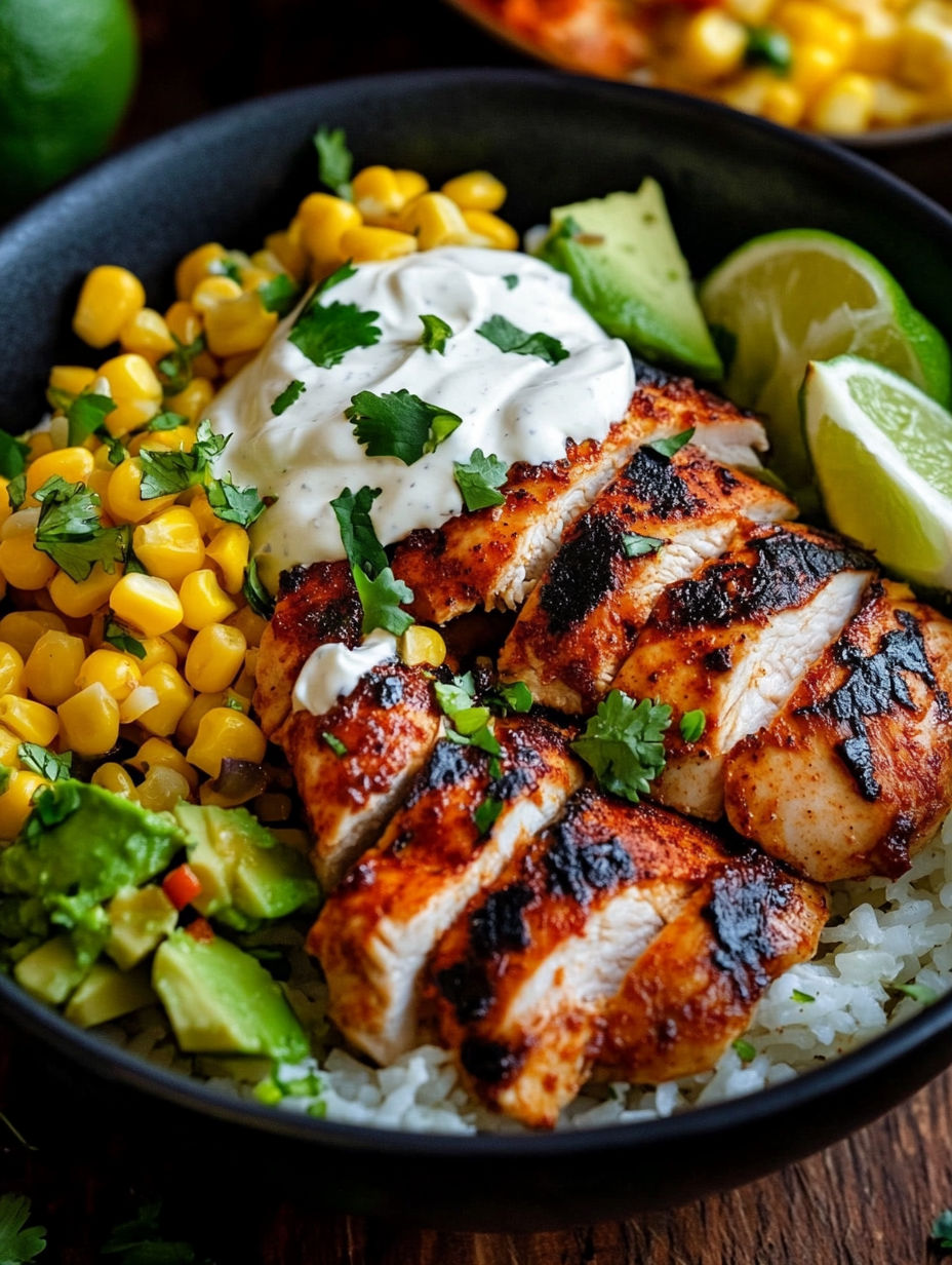A bowl of food with chicken, rice, and corn.