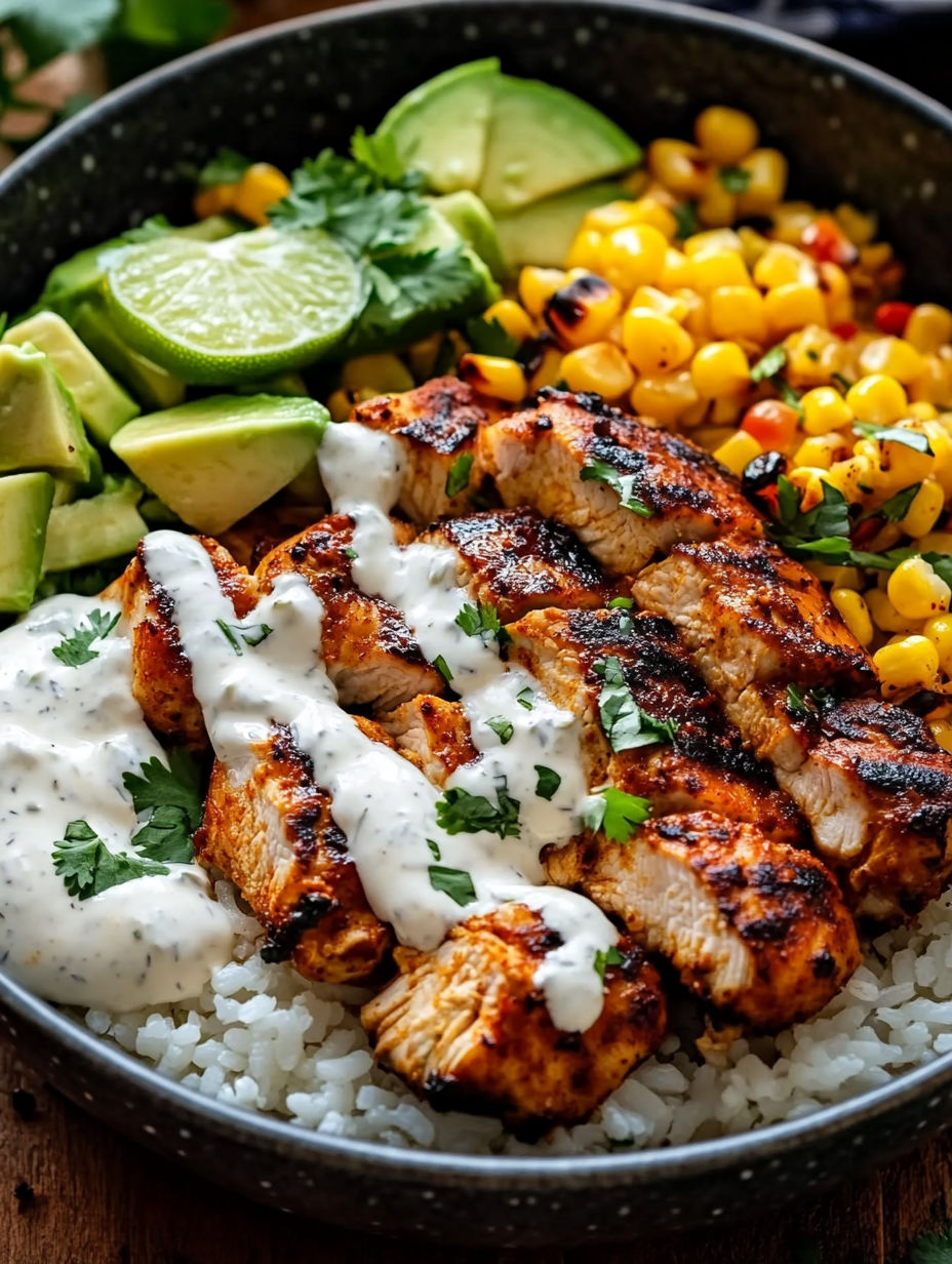 A delicious street corn chicken rice bowl recipe for easy dinners.