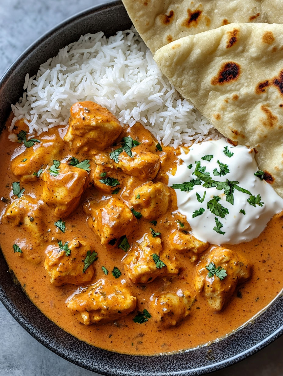 A bowl of butter chicken with rice and naan.