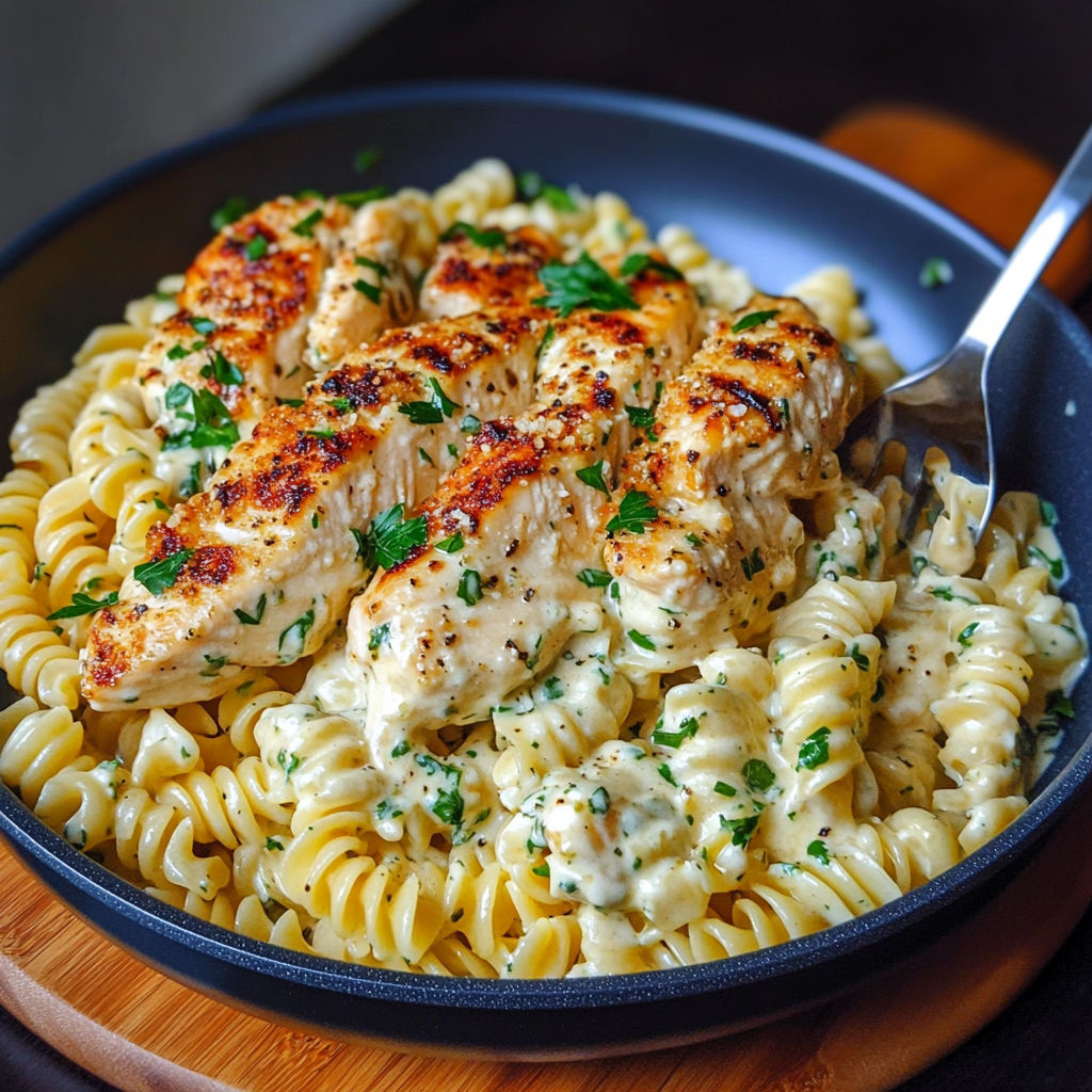 A plate of pasta with chicken and garlic sauce.