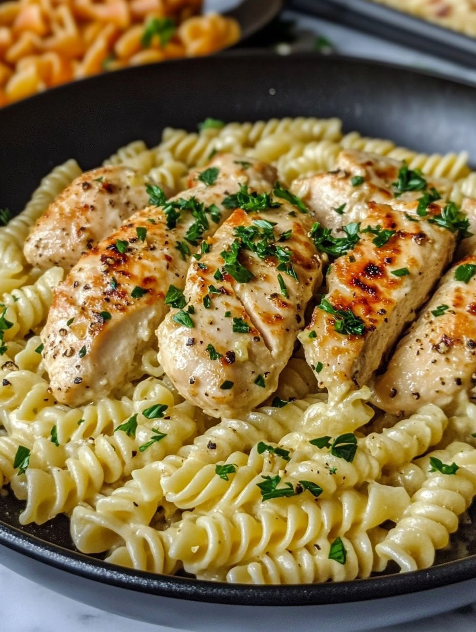 A pan of chicken and pasta with a creamy garlic parmesan sauce.