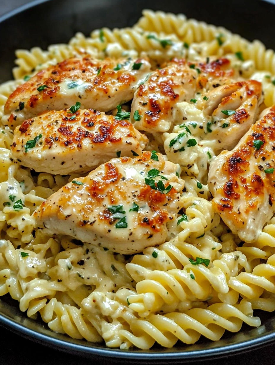 A plate of chicken and pasta.