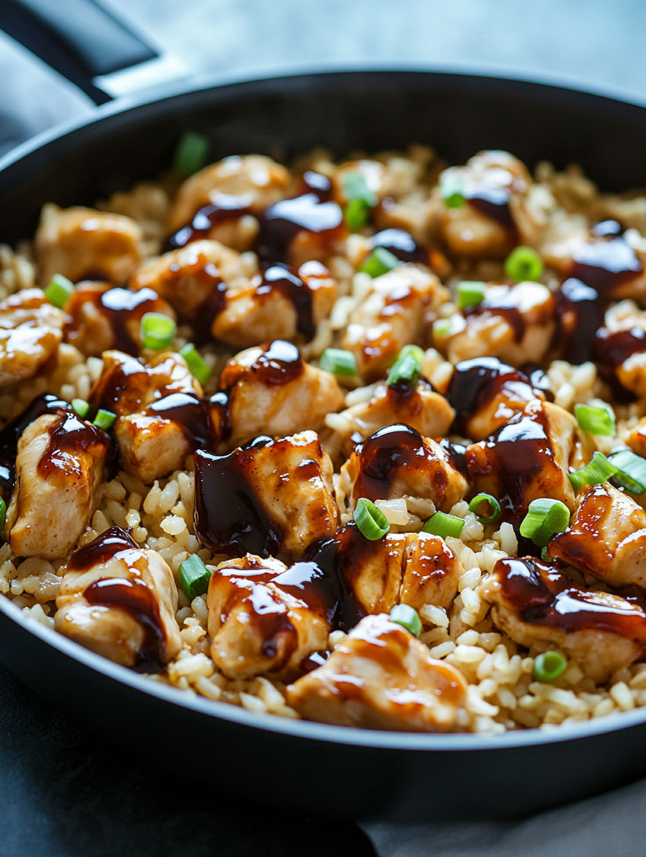A plate of rice with chicken and sauce.