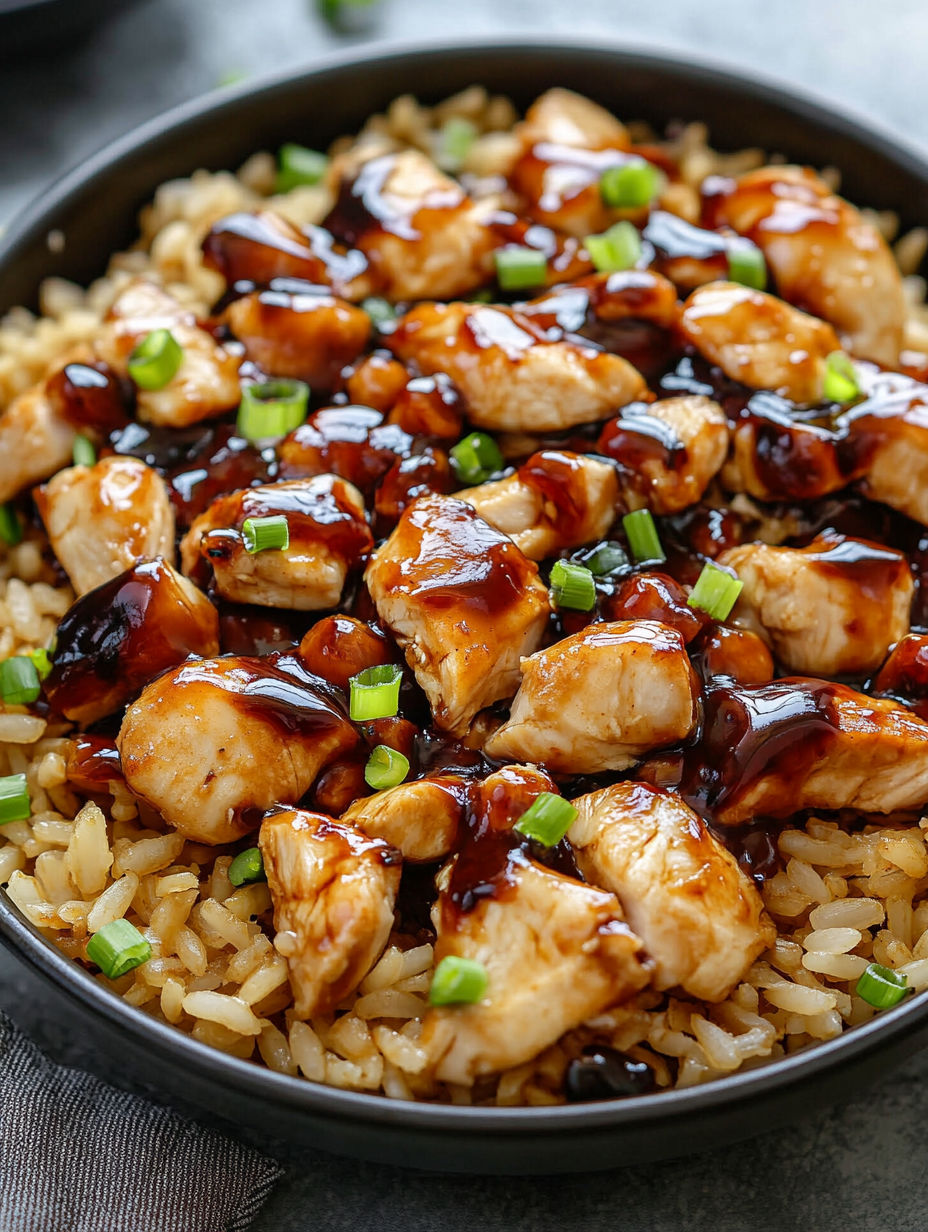 A plate of rice with chicken and sauce.