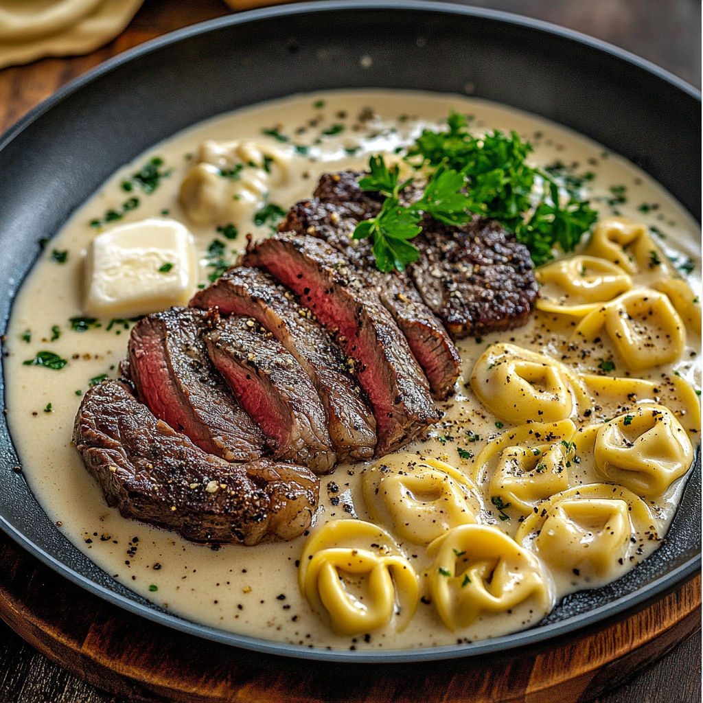 A plate of food with a steak, pasta, and cheese.