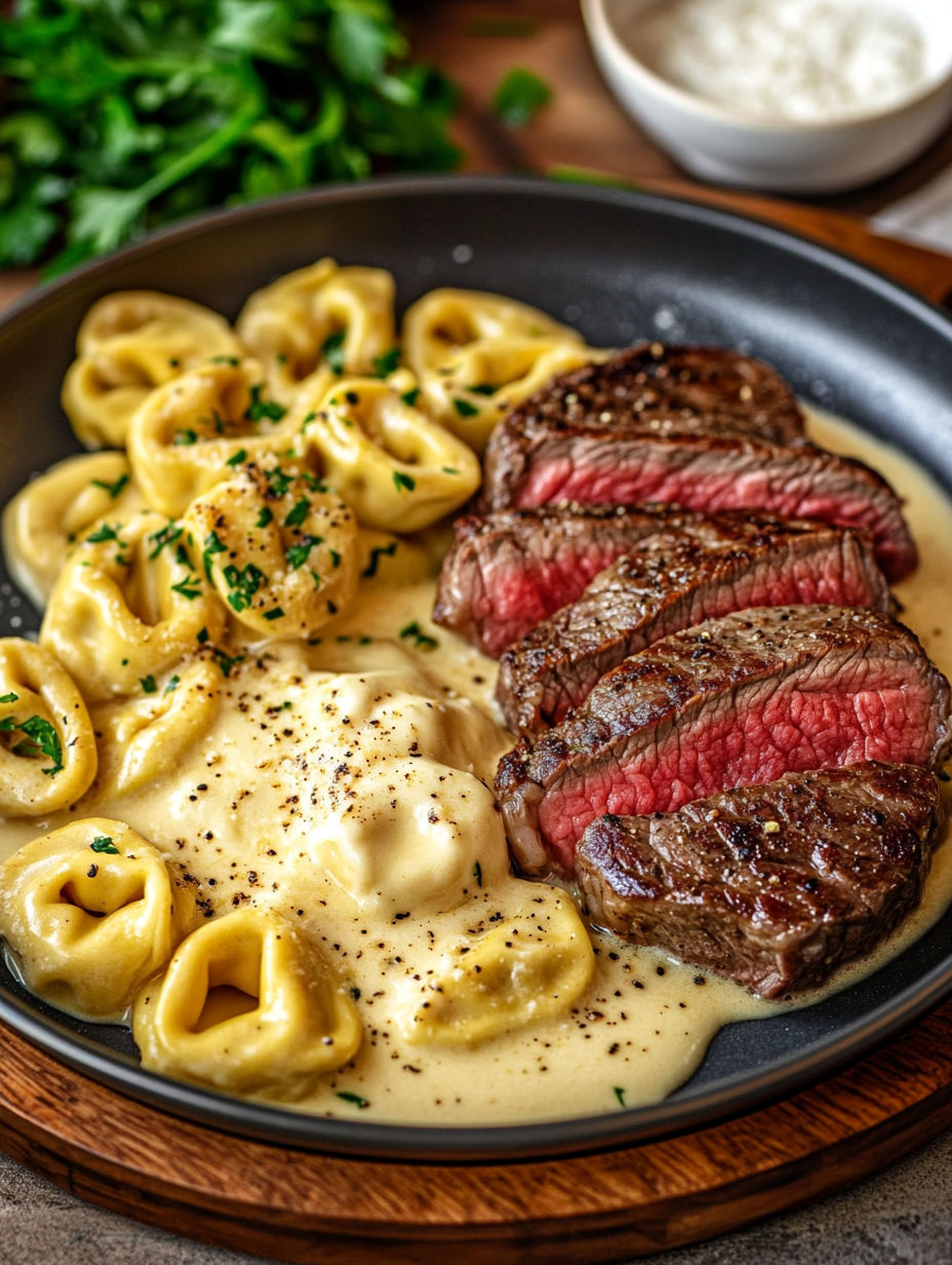 A plate of food with garlic butter steak and cheesy alfredo tortellini.