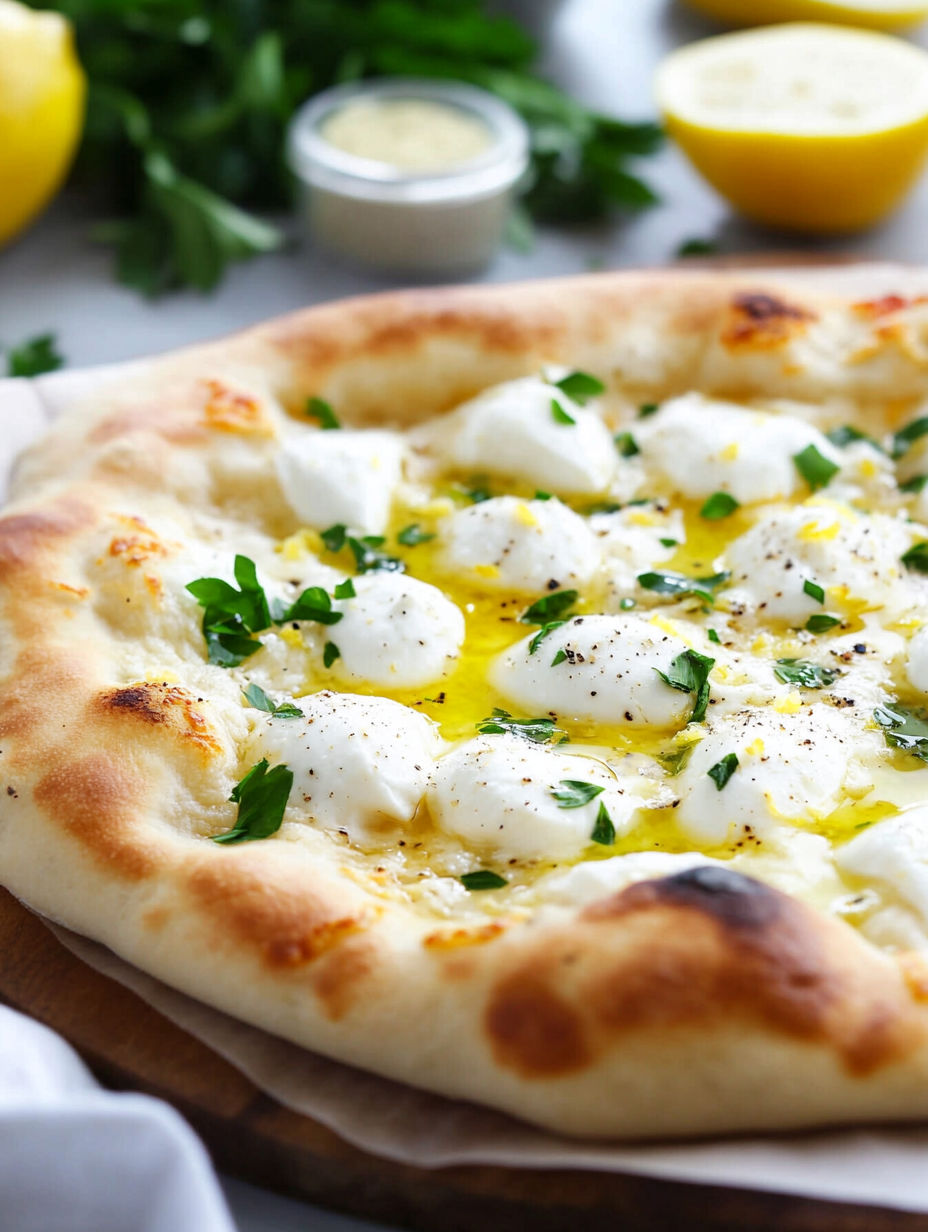 A pizza with a zesty lemon mozzarella topping.