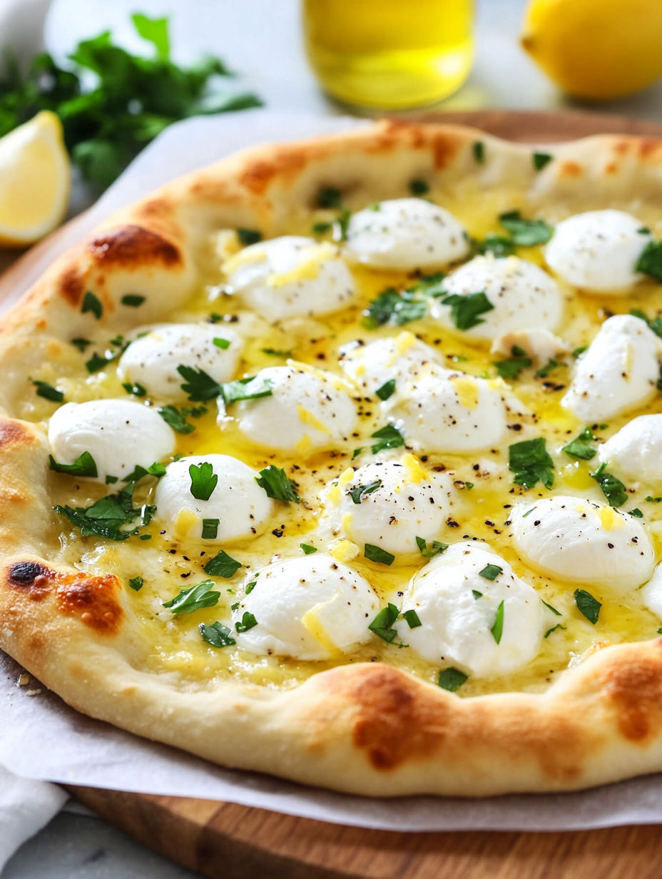 A pizza with yellow cheese and lemon on top.