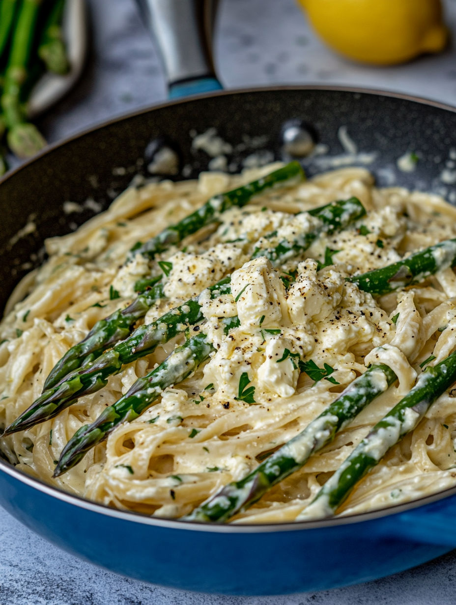 A dish of pasta with green vegetables.