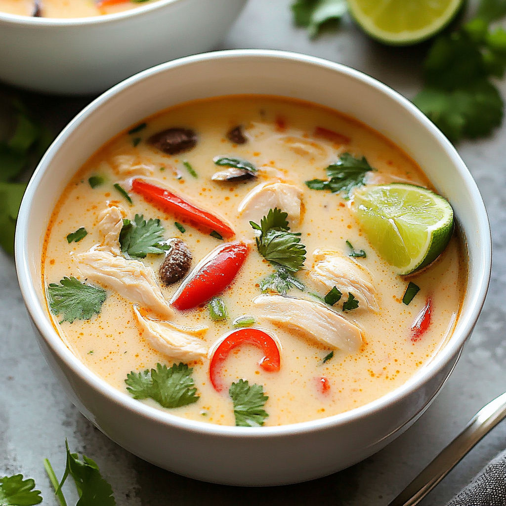A bowl of soup with chicken and vegetables.