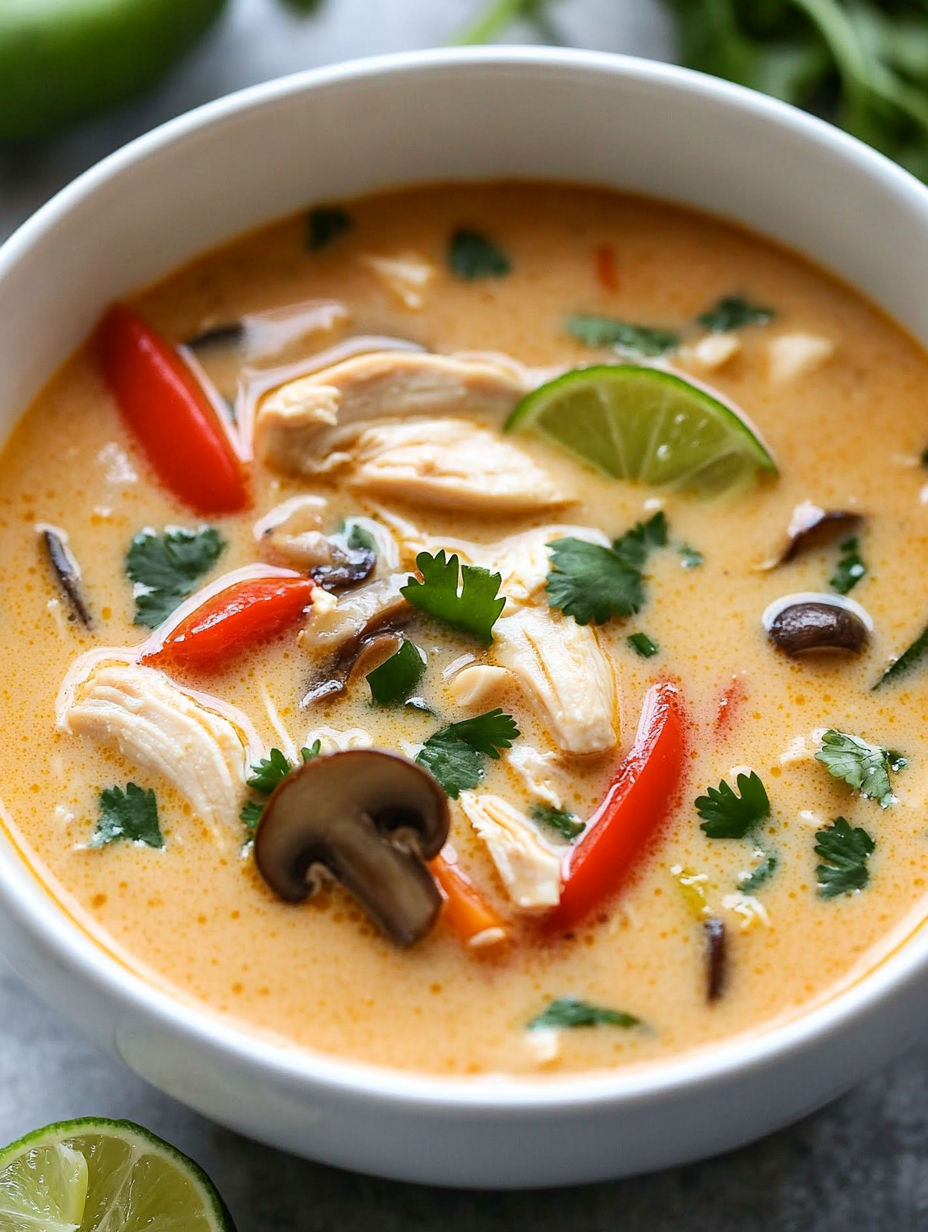 A bowl of soup with chicken, mushrooms, and lime.