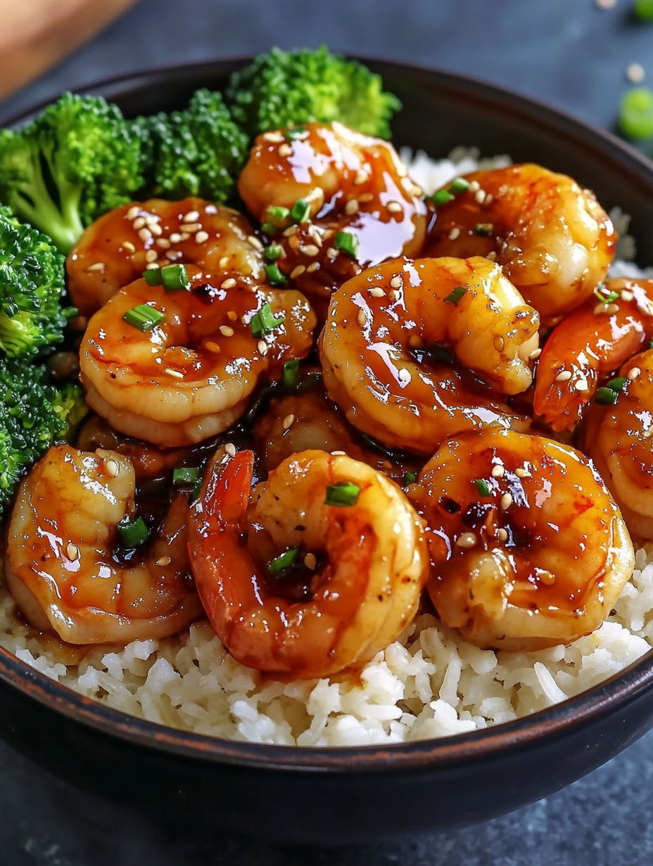 A bowl of shrimp and broccoli with a brown sauce.