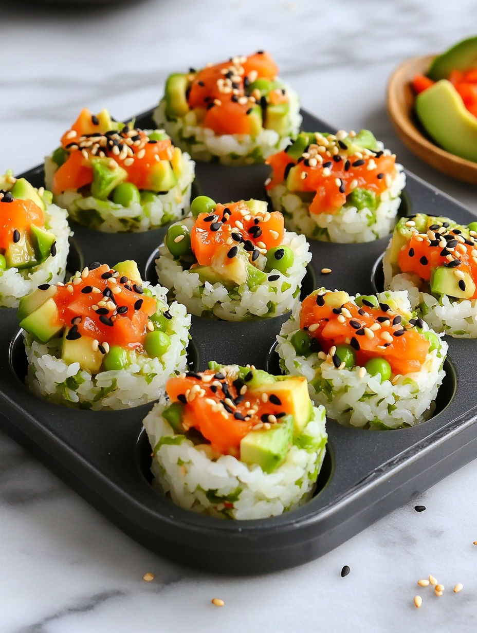 A tray of sushi cups with rice and vegetables.