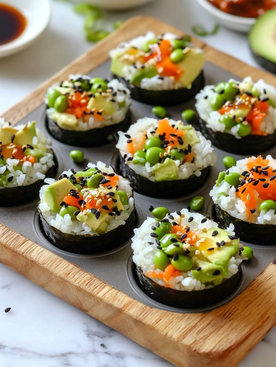Sushi cups filled with rice and vegetables.