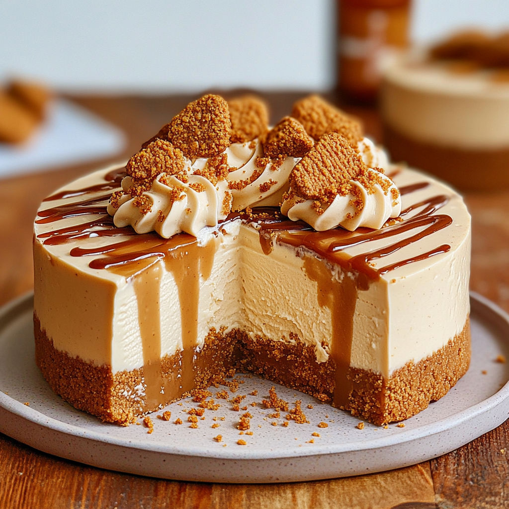 A slice of Biscoff cheesecake.