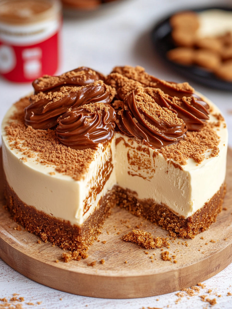 A slice of Biscoff cheesecake with chocolate drizzle.