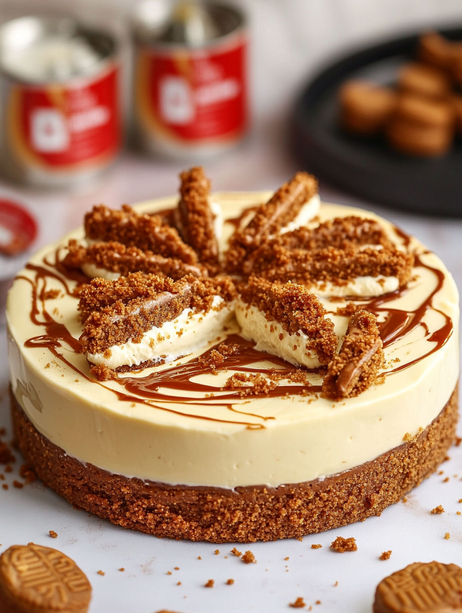A slice of Biscoff cheesecake with chocolate drizzle.