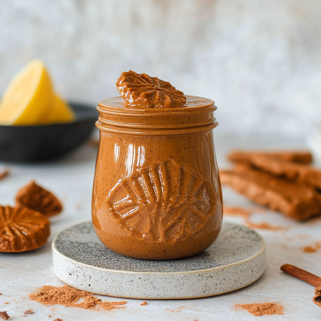 A jar of homemade Lotus Biscoff spread.