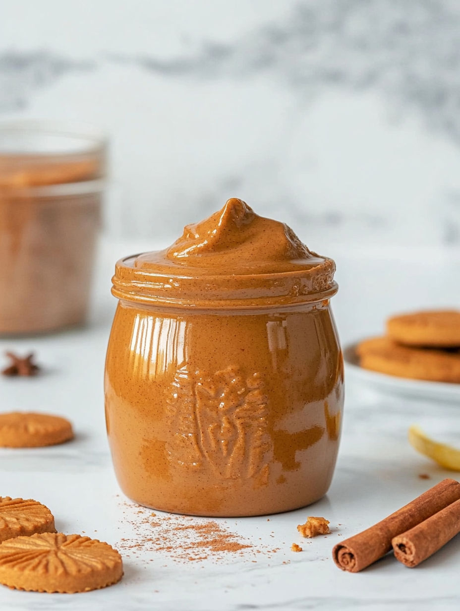 A jar of homemade Lotus Biscoff spread.